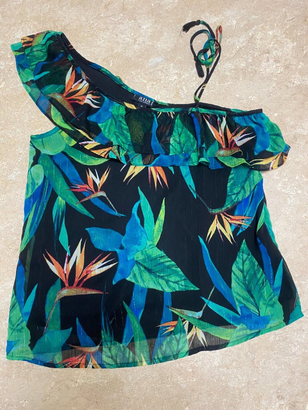 a.n.a Black Tropical Leaf One-Shoulder Ruffle Tank with Green & Teal Print #100